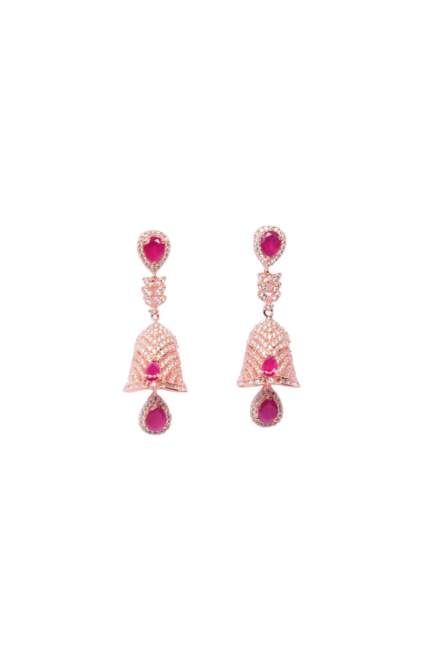 Namokriti Stunning Bell Shaped crafted Rhodium plated Modern Jhumka earring ,Geometric Leaf Pattern adorned with sparkling American Diamond Ruby pink stones studded for Womens and Girls